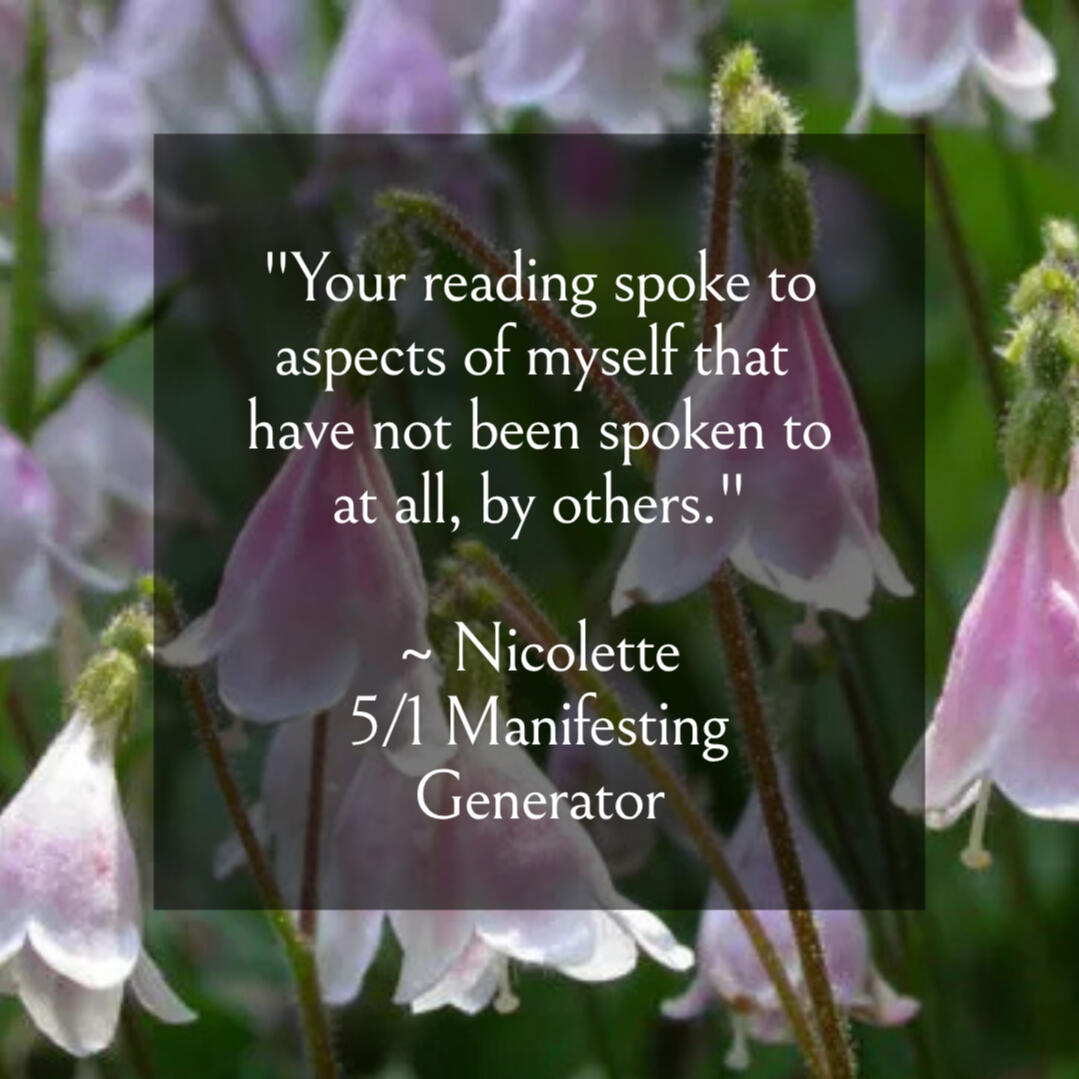 rave reviews "your reading spoke to aspects of myself that have not been spoken to at all, by others." ~ Nicolette, 5/1 Manifesting Generator